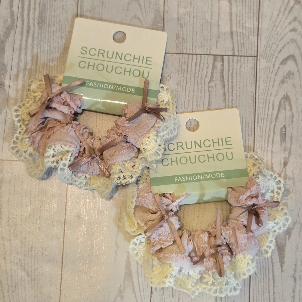 Pink Lace Scrunchies with bows Set of 8
